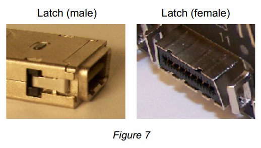 Ensure the latches (male) on the connector interlock properly with the latch (female) in the CX4 port connector